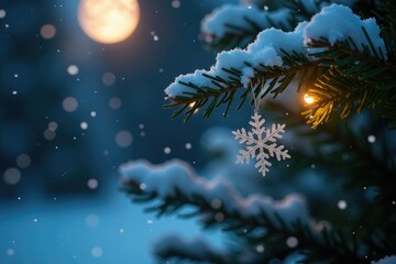 Fototapeta premium A delicate snowflake falls gently onto the branches of a moonlit Christmas tree, snowflake, delicate flake