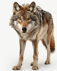 Fototapeta premium Wolf standing confidently against a white background in photorealistic detail during daylight