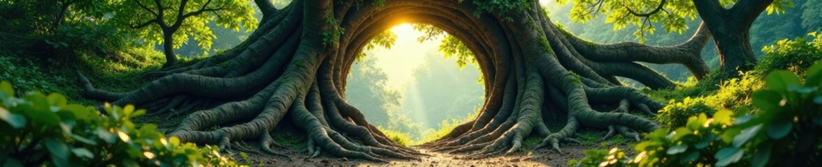 Ancient tree roots and branches forming a natural gate, gate, branch, ancient