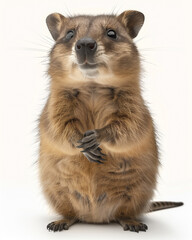 Fototapeta premium Quokka standing on its hind legs with paws together, showcasing its adorable expression under bright daylight