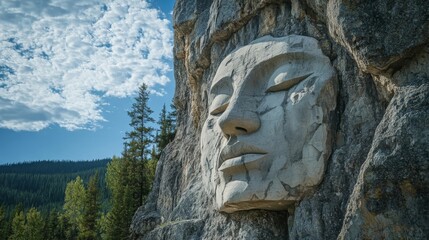 Obraz premium Majestic stone sculpture of a serene face carved into rocky mountains in a tranquil landscape at midday