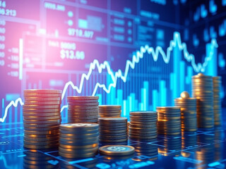 Gold coins stacked on a table beside a stock chart, symbolizing wealth and investment opportunities