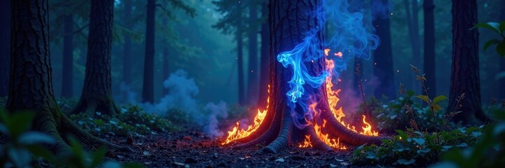 Blue flames engulfing a burning tree in a forest landscape, wild flames, blue flames