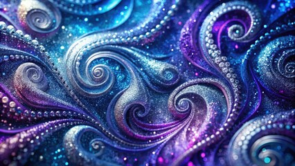 Sparkling metallic silver glitter on a textured abstract background with swirling patterns of deep blues and purples, silver glitter abstract background, blues