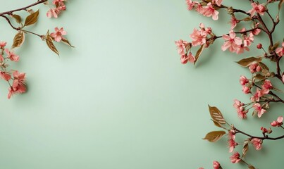 Festive banner with spring flowers, flowering cherry branches on a light green pastel background