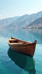 Obraz premium Brown wooden boat on Sea of Galilee with reflection, boat, galilee