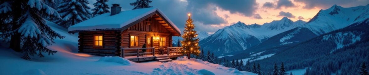 Cabin with a Christmas tree and warm lights glowing through the windows on a cold snowy evening, alpine landscape, warm lights