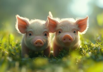 Adorable Piglets Playing Together in a Sunlit Meadow Surrounded by Lush Green Grass, Perfect for Capturing the Essence of Farm Life and Childhood Joy