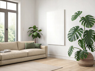 Canvas Mockup in Modern Living Room with green plants. Beige Sofa and Blank Canvas on white wall. Vertical Poster Mockup. Empty Canvas
