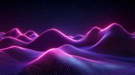 Fototapeta premium 3D render of a neon landscape with flowing wavy lines that glow against a minimalist background of black and purple tones 