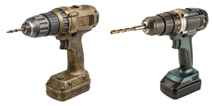 Power drill tools, one vintage and one modern, showcasing design evolution