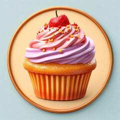 Elegant Cupcake with Cherry in Gilded Frame and Soft Pastel Digital Render