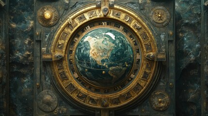 Steampunk world clock with gold detailing and intricate designs Generated AI