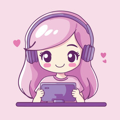 Cute Girl Gamer Playing Game Cartoon Vector Icon Illustration