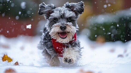Happy Miniature Schnauzer Running Through Snow
