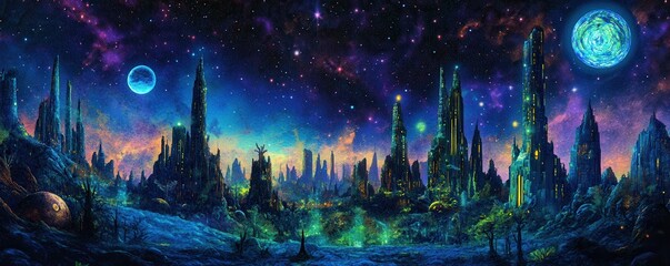 Futuristic alien landscape with vibrant cityscapes and colorful night sky