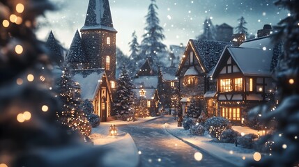 Naklejka premium Charming winter village, cozy cottages surrounded by snow, softly glowing lights, peaceful atmosphere, perfect for festive themes.