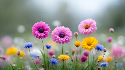 Fototapeta premium Fields of wildflowers display vibrant colors and delicate forms under soft natural light, creating a serene landscape of muted tones in springtime