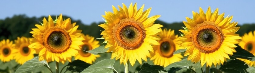 Fototapeta premium Sunflowers bloom in a field, sunny day. Nature background, summer vibe