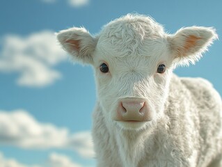 Obraz premium Adorable White Calf Portrait Against a Bright Blue Sky with Fluffy Clouds Capturing the Innocence and Beauty of Farm Animal Life in Rural Settings