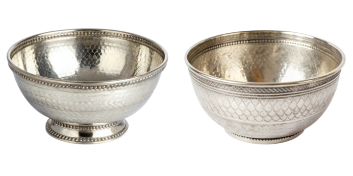 Handcrafted silver bowls with intricate designs and polished finishes