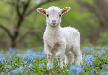 Fototapeta premium Adorable White Goat Kid Standing in a Field of Blue Flowers Under Soft Natural Light in a Lush Green Landscape with a Playful Expression