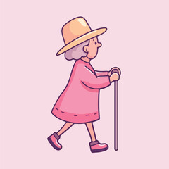 Old lady with walking stick vector illustration