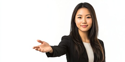 Businesswoman presenting an open palm with a warm smile on the left, wearing a black blazer against a bright white background for text placement
