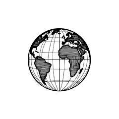 Globe icon in black and white hand-drawn style.