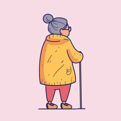 Old lady with walking stick vector illustration