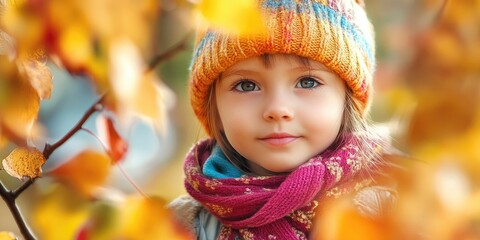 Fototapeta premium Portrait of cheerful girl in colorful hat and scarf surrounded by autumn leaves with warm golden and orange hues in soft background focus