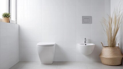 Fototapeta premium Interior design minimalist idea. Modern bathroom with minimalist design featuring a toilet and bidet, bright ambiance.