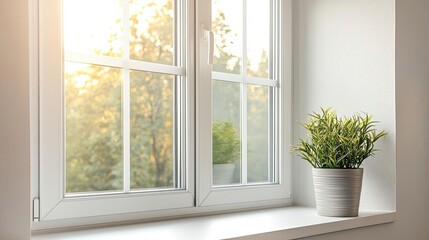 Fototapeta premium Energy efficiency minimalist concept. Sunlight filters through a window illuminating a green plant in a decorative pot.