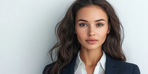 Young businesswoman with long wavy hair in a dark blazer and white shirt gazing at the camera against a soft white background.