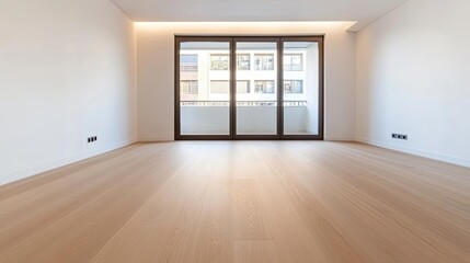 Obraz premium Energy efficiency minimalist concept. Spacious, modern room with large windows and wooden floor, perfect for interior design.