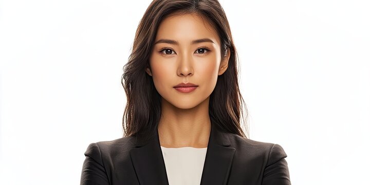 Confident Asian businesswoman with long dark hair wearing a black blazer, arms crossed, against a bright white background, showcasing professionalism and poise.