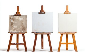 Three Wooden Easels with Blank Canvases - A Creative Artist's Studio Setup