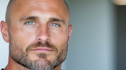 Obraz premium Bald man portrait, serious expression, indoor, neutral background, headshot for profile