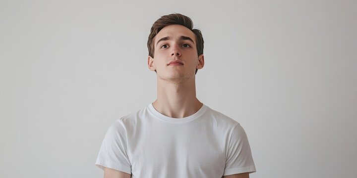 Young man in a plain white t-shirt stands confidently against a light gray background, looking upward with a neutral expression and short hair.