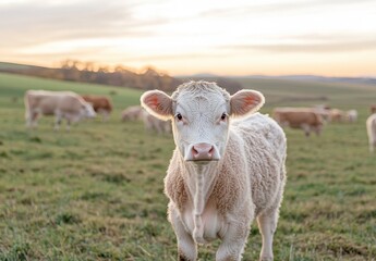 Obraz premium Adorable Young Calf with Soft Fur Stands in a Serene Pasture at Sunset, Surrounded by Rolling Hills and Grazing Cows, Captured in Golden Light