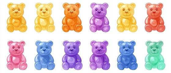 A colorful assortment of gummy bear candies arranged in rows.