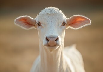 Adorable Young Goat Portrait with Large Expressive Eyes and Fluffy White Fur in Natural Outdoor Setting on a Sunny Day