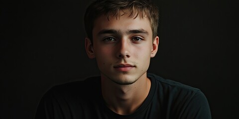 Fototapeta premium Confident young man with tousled hair wearing a black t-shirt against a dark gradient background highlighting facial features and expressions.