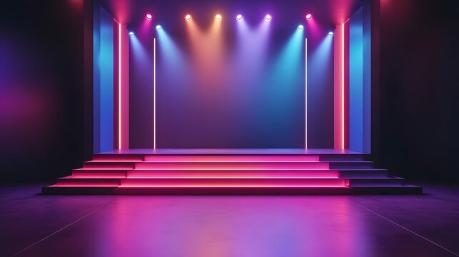 Vibrant performance stage with colorful lighting, illuminated floor, ideal for theatrical events or live performances.