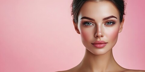 Fototapeta premium Caucasian woman with flawless skin and brunette hair posing on the left against a soft pink background, showcasing natural beauty and elegance.