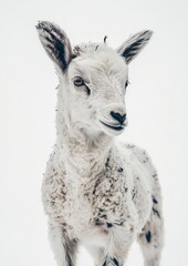 Obraz premium Adorable Young Goat with Fluffy Coat Standing in Snowy Landscape, Capturing the Essence of Winter and Nature's Beauty in a Serene Setting