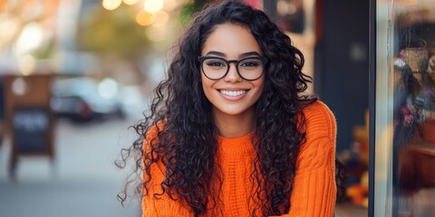 Fototapeta premium Young woman with long curly hair smiling in outdoor setting wearing orange sweater and glasses with blurred background and ample copy space.