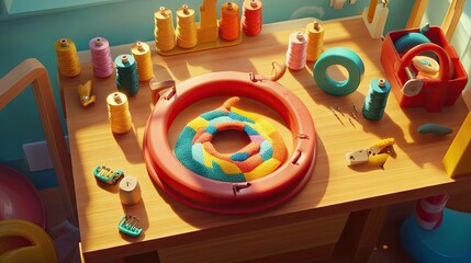 Naklejka premium Colorful snake toy creation, workshop setting, sunny room, craft supplies
