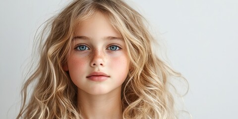 Enchanting blonde girl with wavy hair and striking blue eyes against a soft white background featuring ample negative space for text placement.