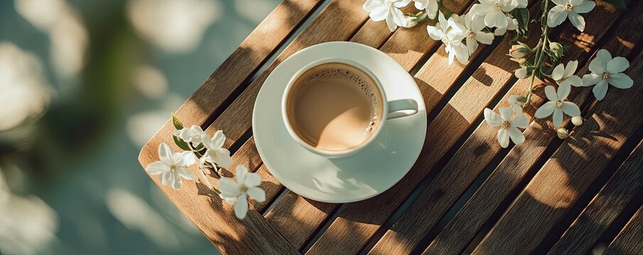 A cup of coffee with white flowers on the wooden table. Top view. Spring. Background, wallpaper, poster or banner.